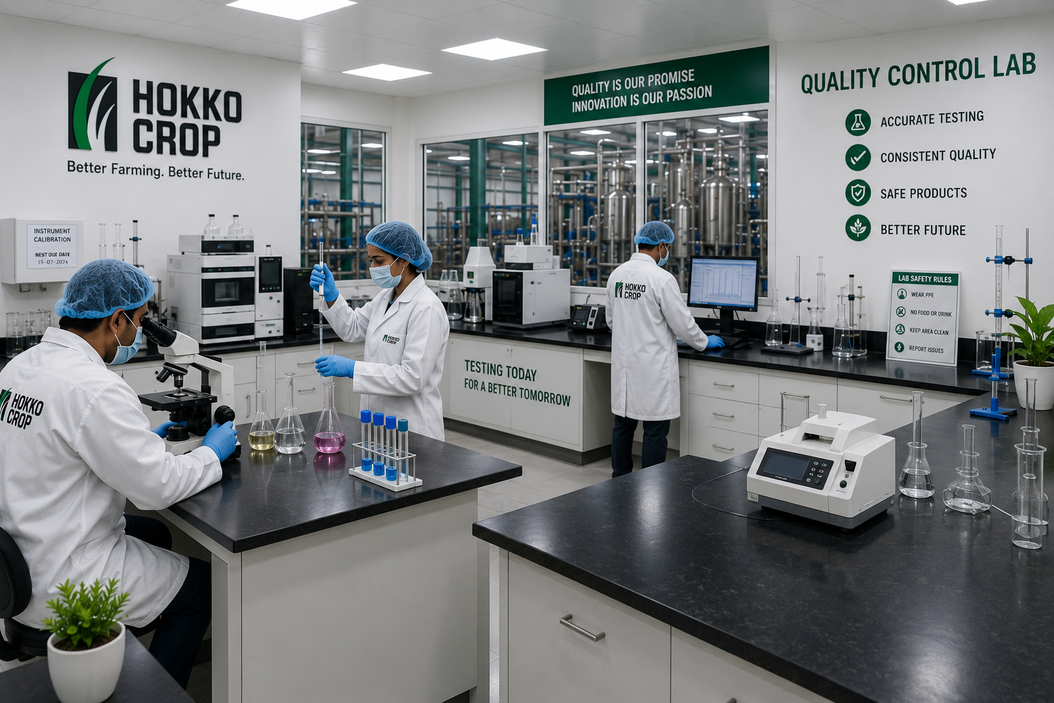 Technicians working inside the Hokko quality control laboratory